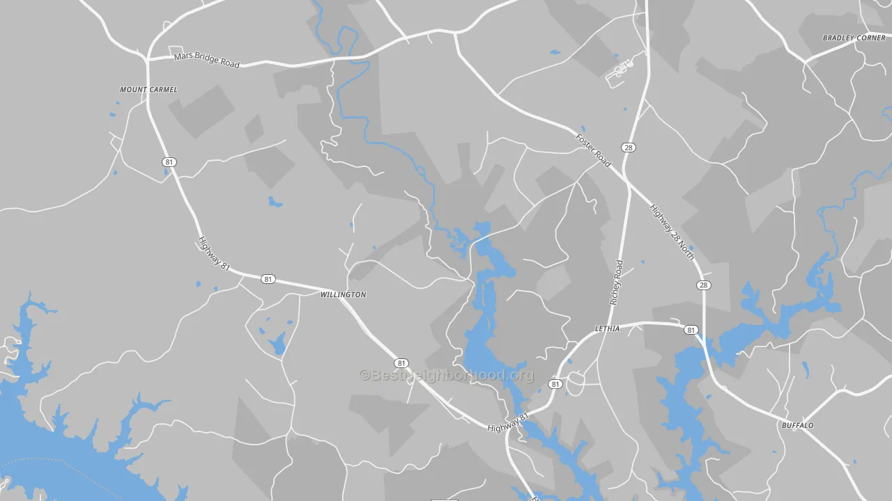 Walk Grade map of Willington, SC, walkable areas in green and car-dependent areas in red