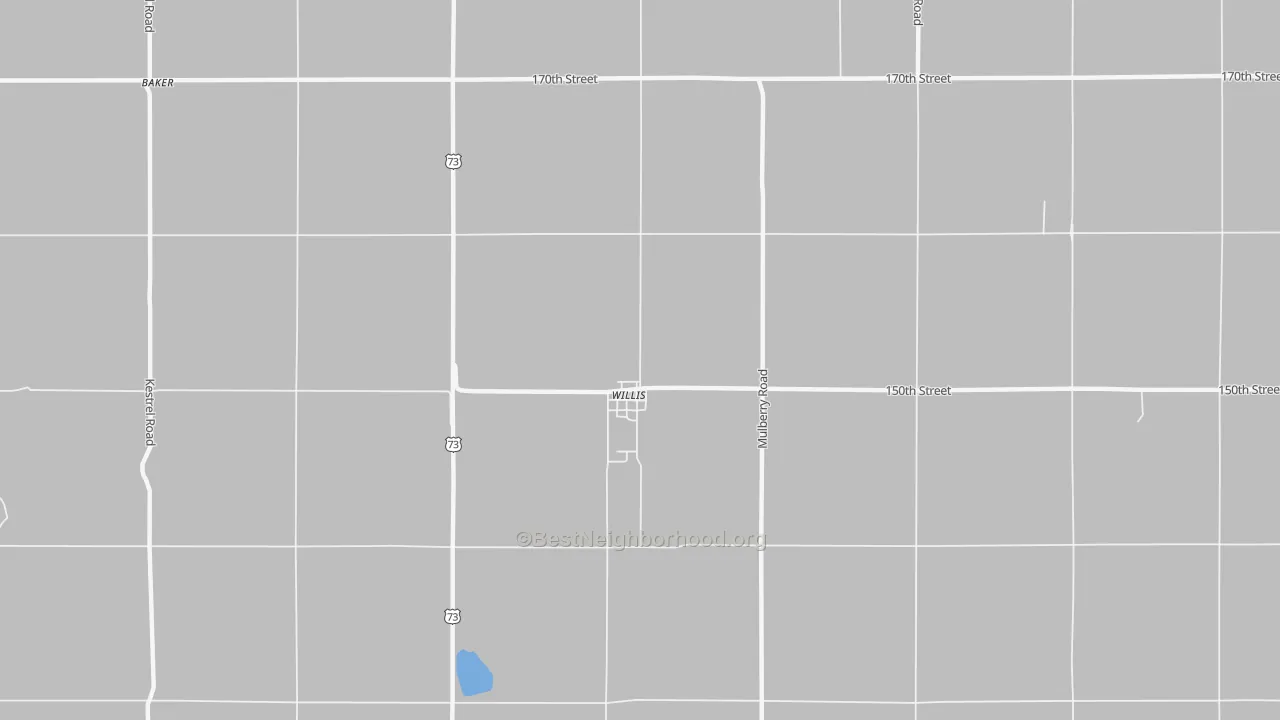 Walk Grade map of Willis, KS, walkable areas in green and car-dependent areas in red