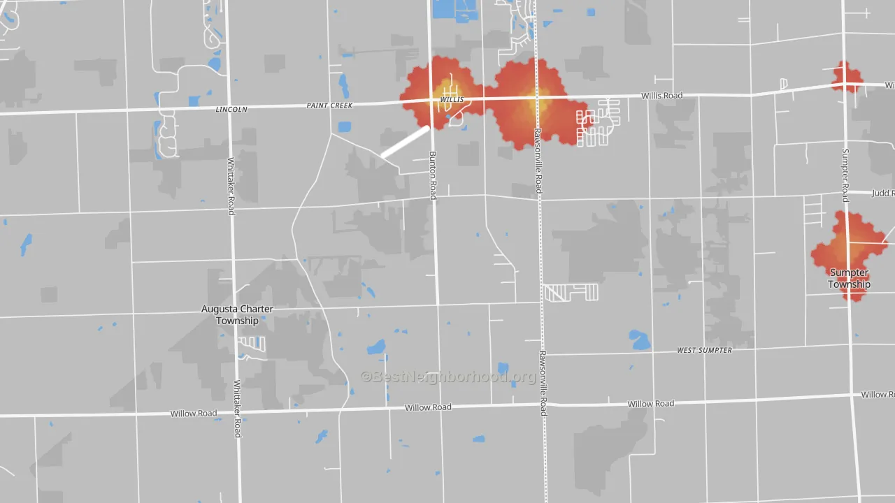 Walk Grade map of Willis, MI, walkable areas in green and car-dependent areas in red