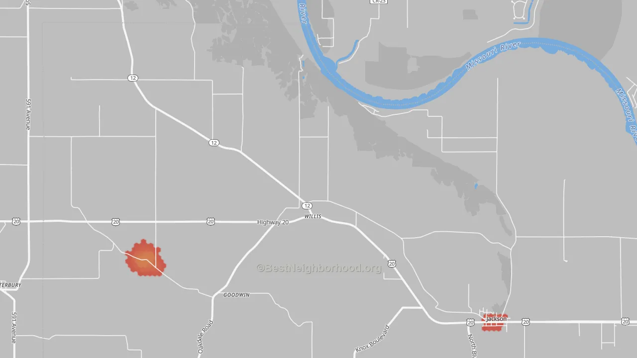 Walk Grade map of Willis, NE, walkable areas in green and car-dependent areas in red