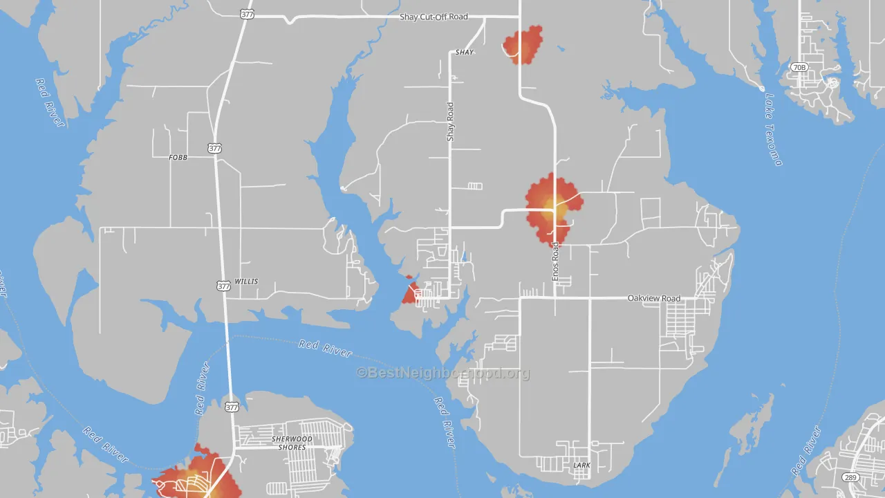 Walk Grade map of Willis, OK, walkable areas in green and car-dependent areas in red