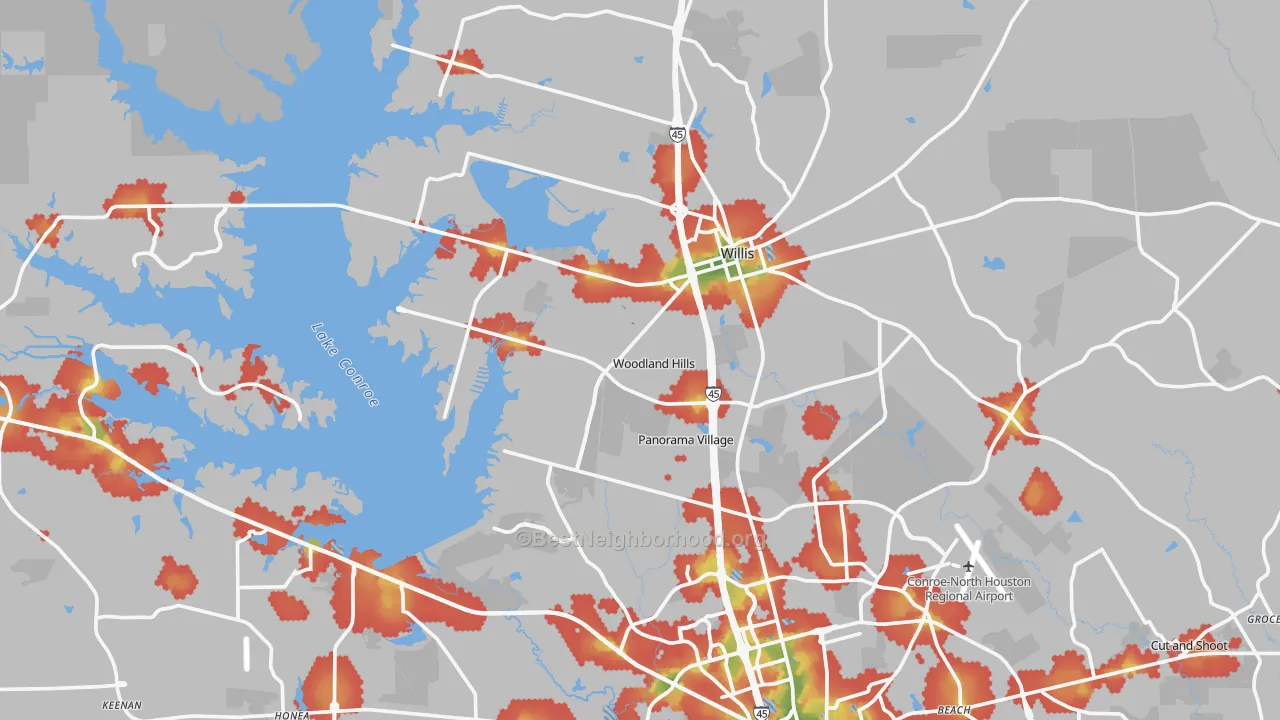 Walk Grade map of Willis, TX, walkable areas in green and car-dependent areas in red