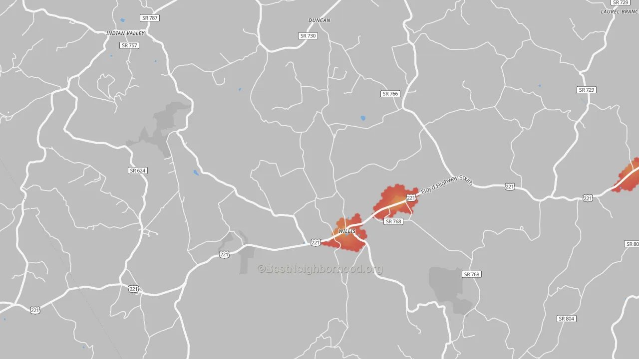 Walk Grade map of Willis, VA, walkable areas in green and car-dependent areas in red