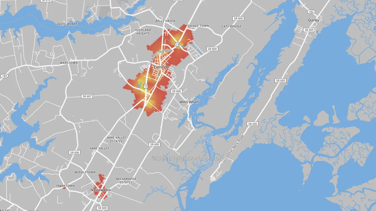 Walk Grade map of Willis Wharf, VA, walkable areas in green and car-dependent areas in red
