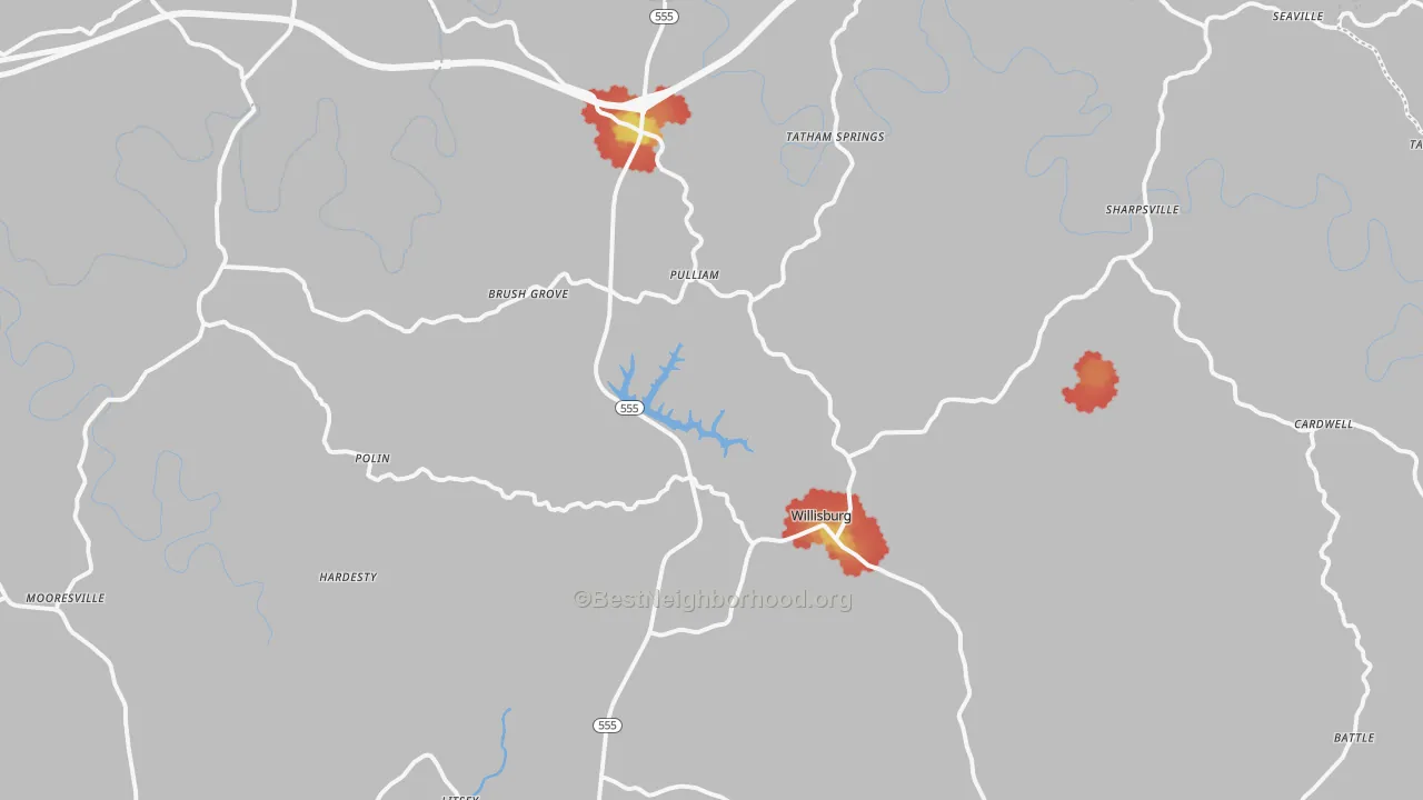 Walk Grade map of Willisburg, KY, walkable areas in green and car-dependent areas in red