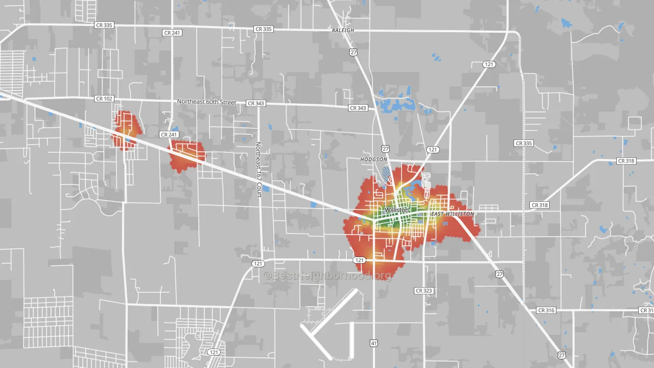 Walk Grade map of Williston, FL, walkable areas in green and car-dependent areas in red