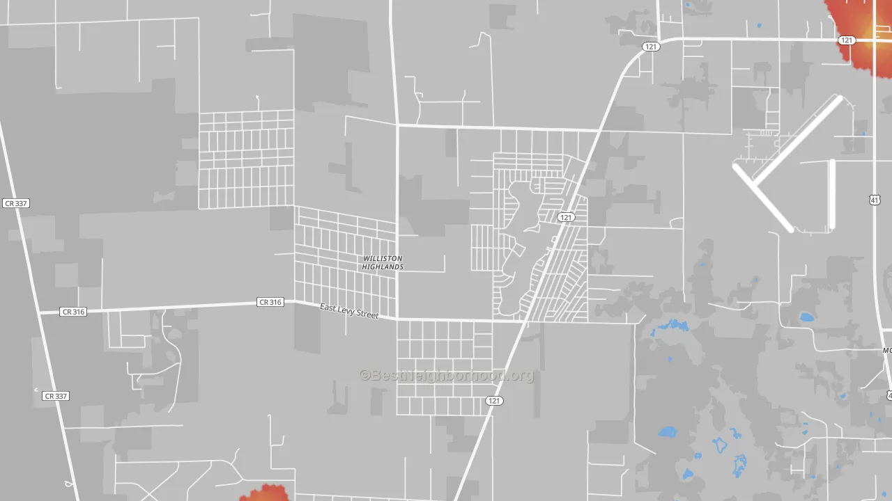 Walk Grade map of Williston Highlands, FL, walkable areas in green and car-dependent areas in red