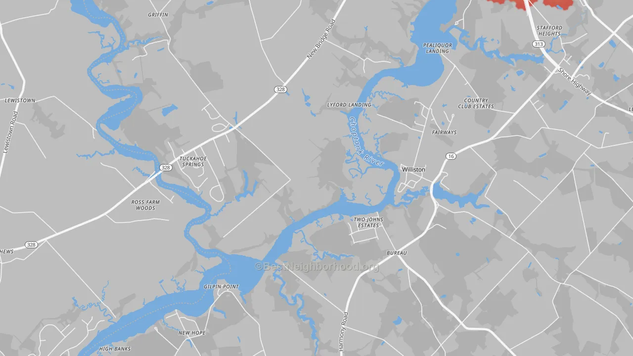 Walk Grade map of Williston, MD, walkable areas in green and car-dependent areas in red