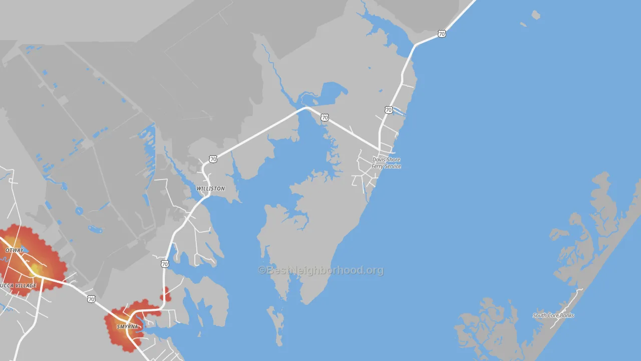 Walk Grade map of Williston, NC, walkable areas in green and car-dependent areas in red