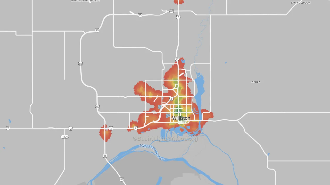 Walk Grade map of Williston, ND, walkable areas in green and car-dependent areas in red