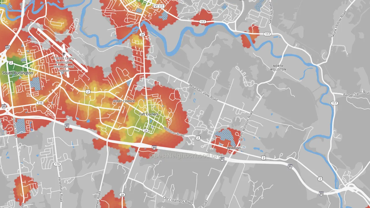 Walk Grade map of Williston North, Williston, VT, walkable areas in green and car-dependent areas in red