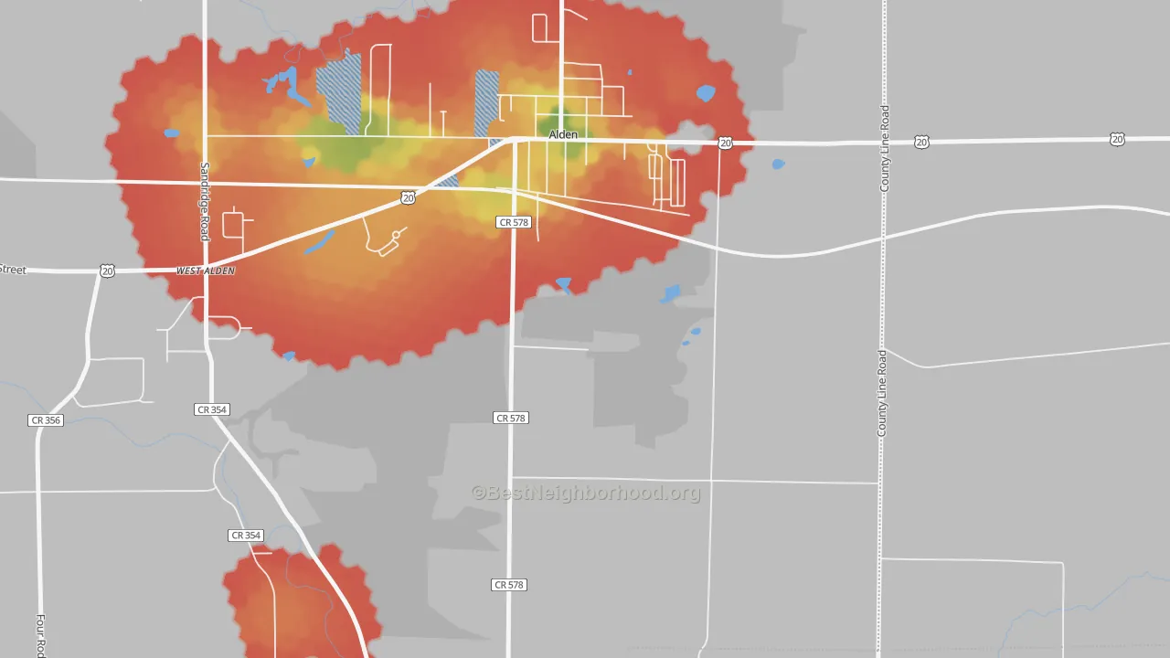 Walk Grade map of Williston, NY, walkable areas in green and car-dependent areas in red