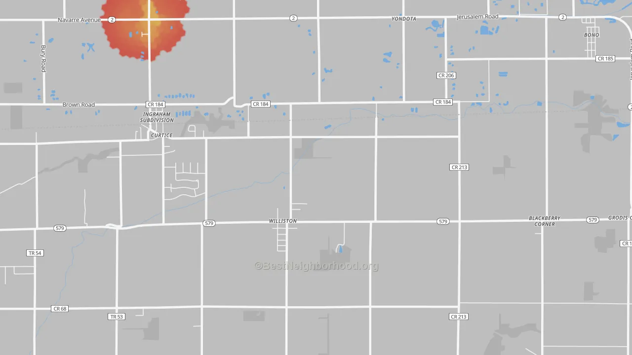 Walk Grade map of Williston, OH, walkable areas in green and car-dependent areas in red