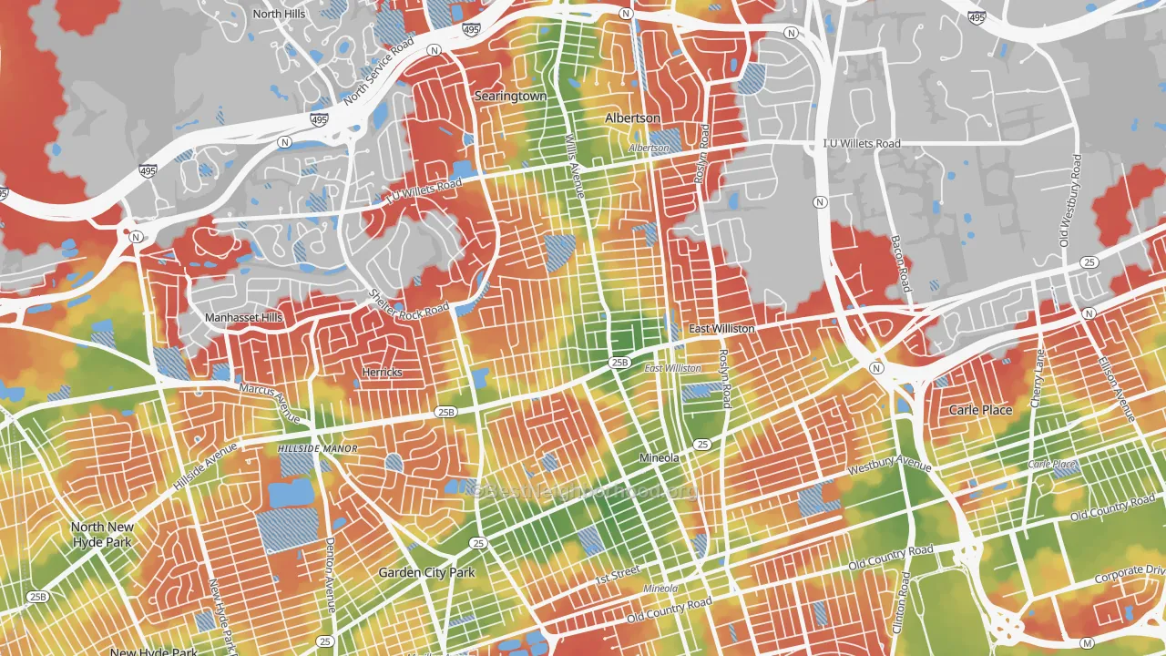 Walk Grade map of Williston Park, NY, walkable areas in green and car-dependent areas in red