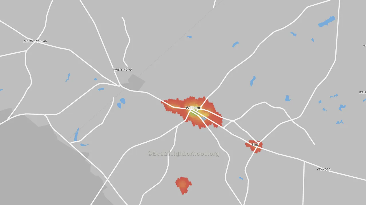 Walk Grade map of Williston, SC, walkable areas in green and car-dependent areas in red