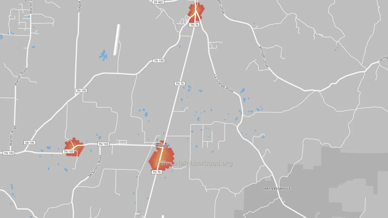 Walk Grade map of Williston, TN, walkable areas in green and car-dependent areas in red