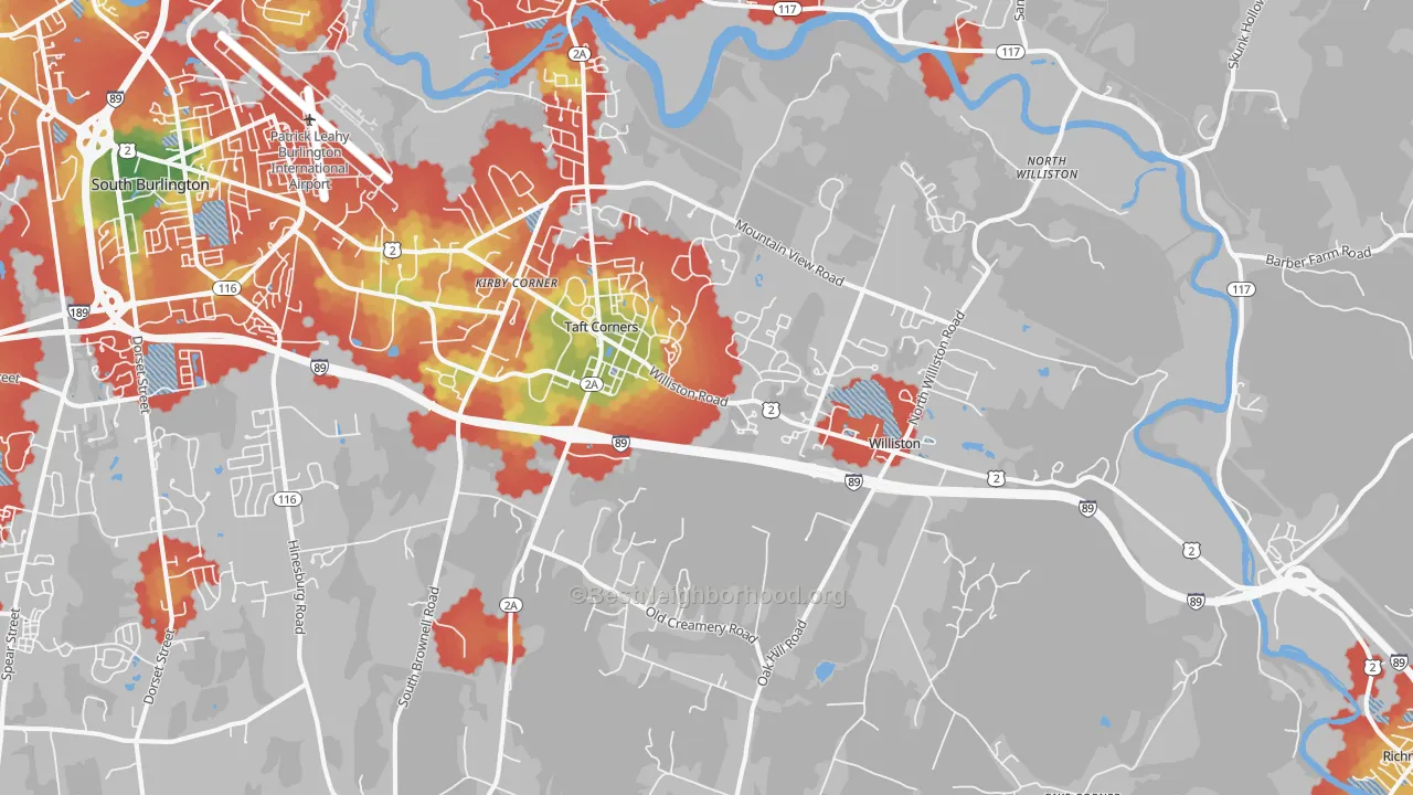 Walk Grade map of Williston, VT, walkable areas in green and car-dependent areas in red
