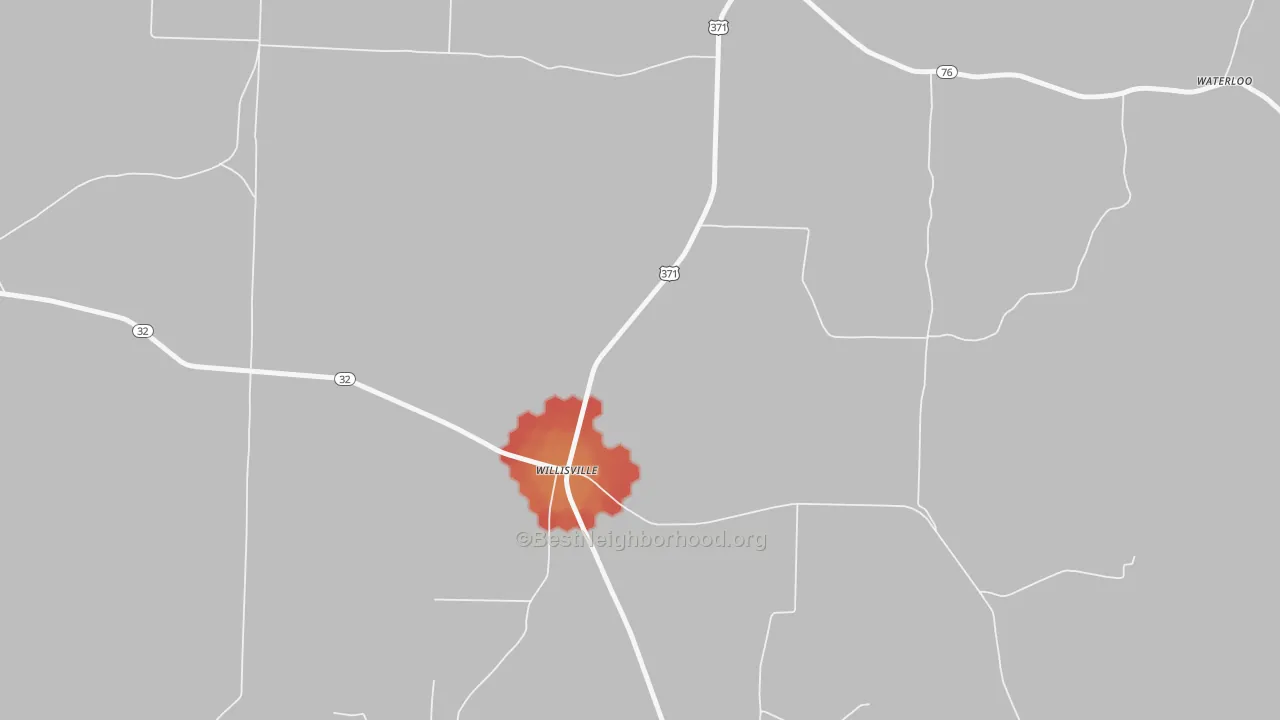 Walk Grade map of Willisville, AR, walkable areas in green and car-dependent areas in red