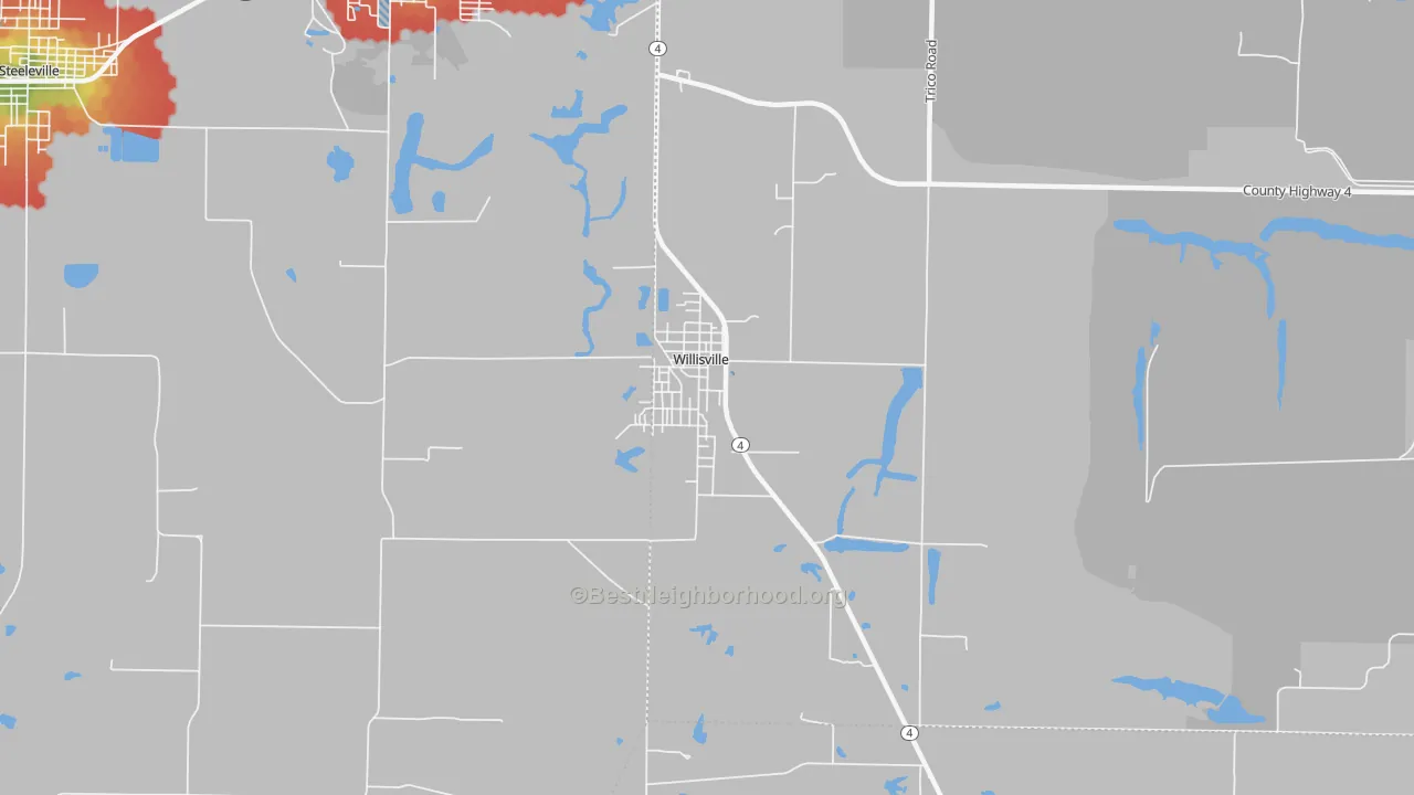 Walk Grade map of Willisville, IL, walkable areas in green and car-dependent areas in red