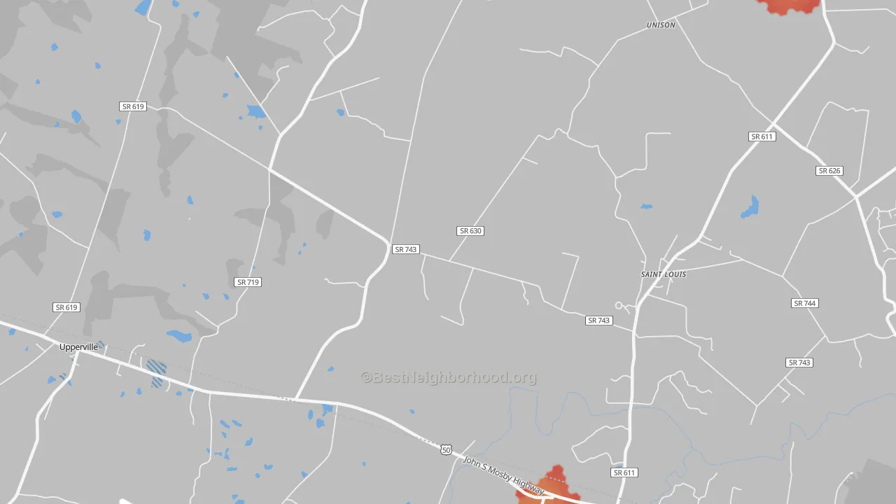 Walk Grade map of Willisville, VA, walkable areas in green and car-dependent areas in red