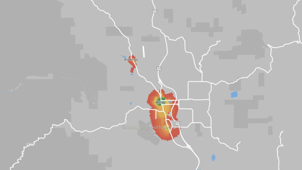 Walk Grade map of Willits, CA, walkable areas in green and car-dependent areas in red