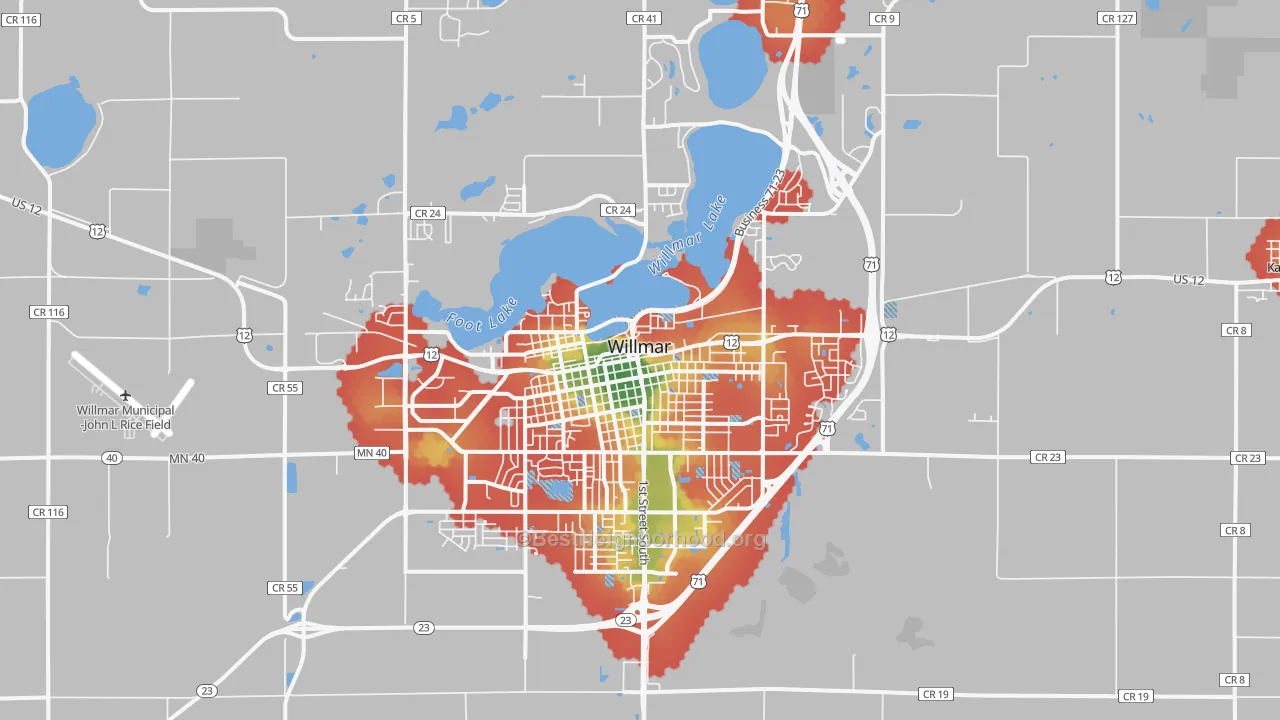 Walk Grade map of Willmar, MN, walkable areas in green and car-dependent areas in red