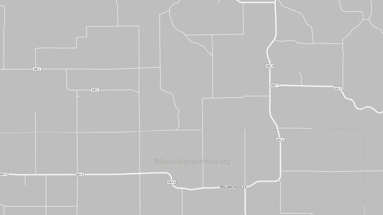 Walk Grade map of Willmathsville, MO, walkable areas in green and car-dependent areas in red