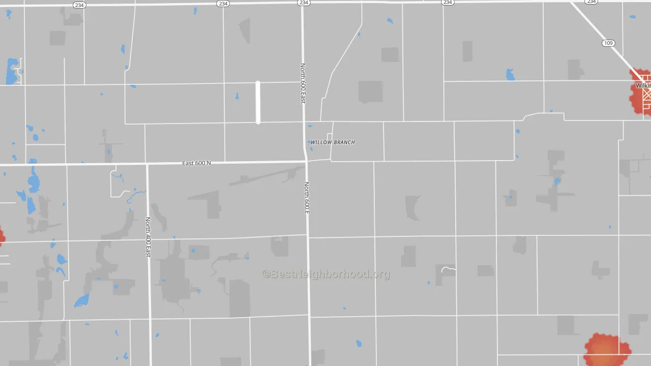 Walk Grade map of Willow Branch, IN, walkable areas in green and car-dependent areas in red