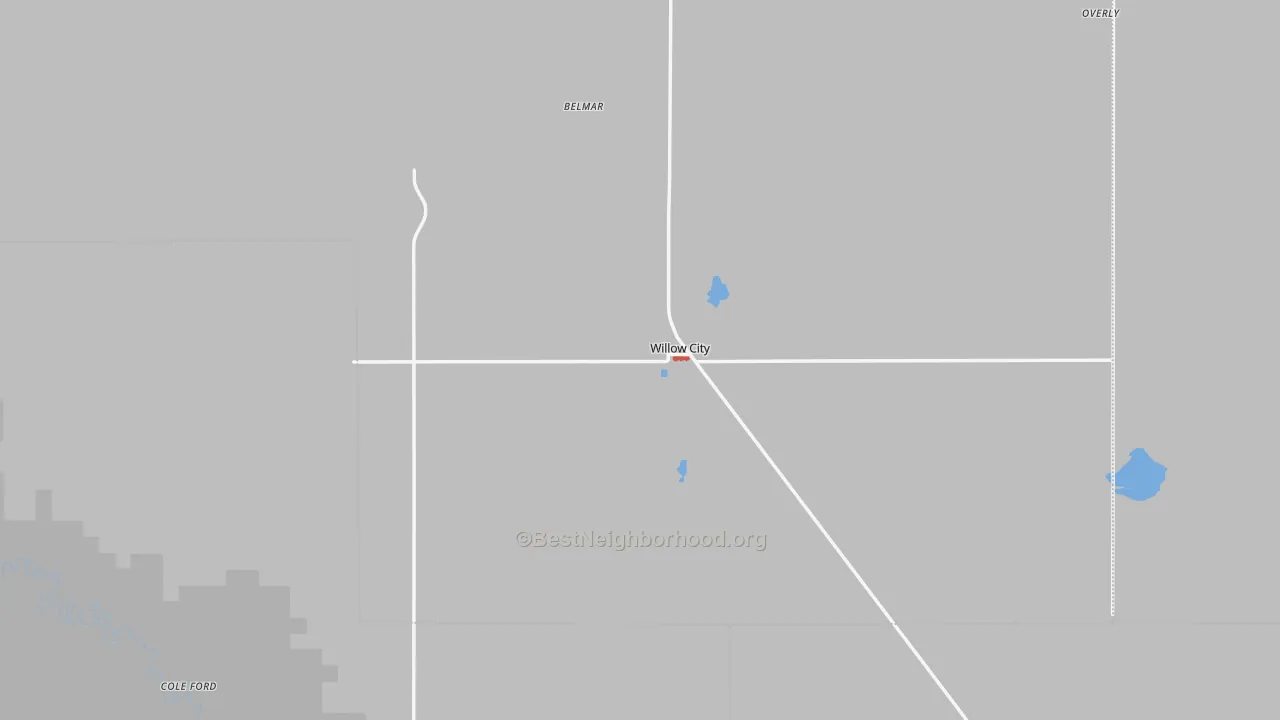 Walk Grade map of Willow City, ND, walkable areas in green and car-dependent areas in red