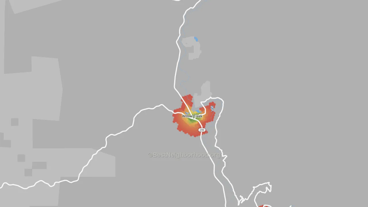 Walk Grade map of Willow Creek, CA, walkable areas in green and car-dependent areas in red