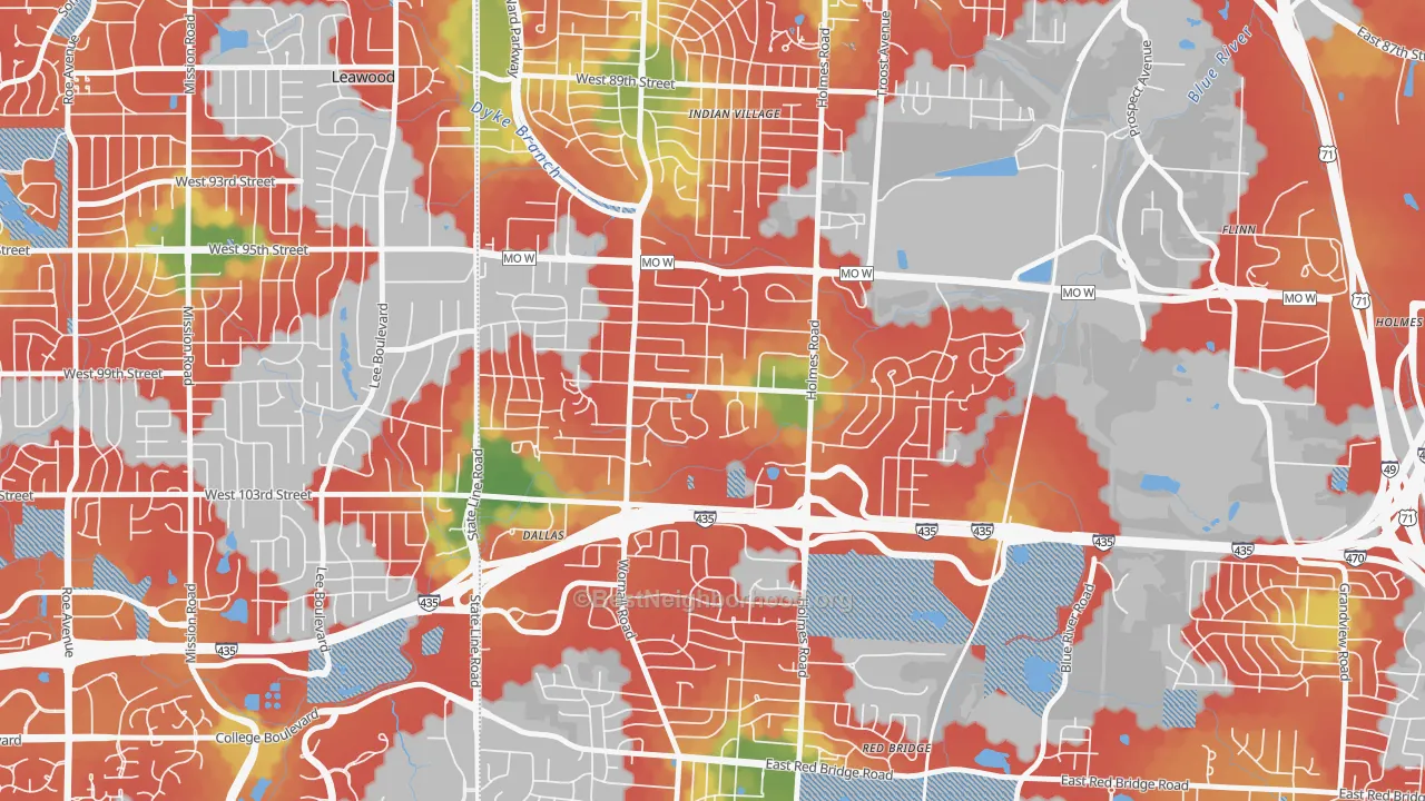 Walk Grade map of Willow Creek, Kansas City, MO, walkable areas in green and car-dependent areas in red