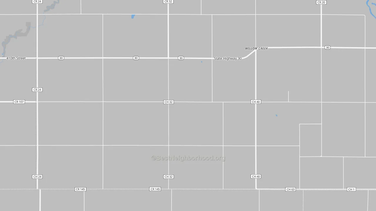 Walk Grade map of Willow Creek, MN, walkable areas in green and car-dependent areas in red