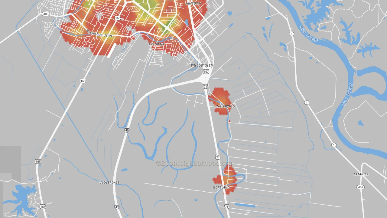 Walk Grade map of Willow Glen, LA, walkable areas in green and car-dependent areas in red