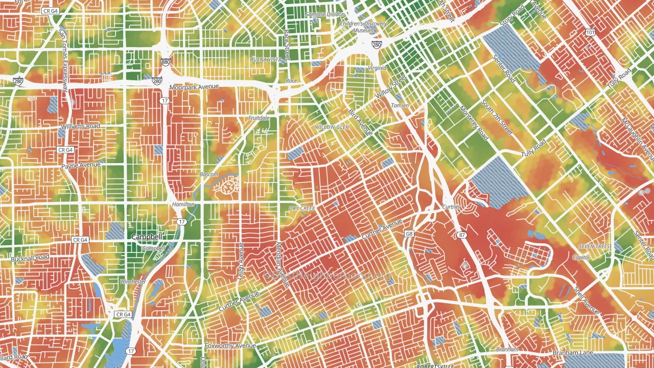 Walk Grade map of Willow Glen, San Jose, CA, walkable areas in green and car-dependent areas in red