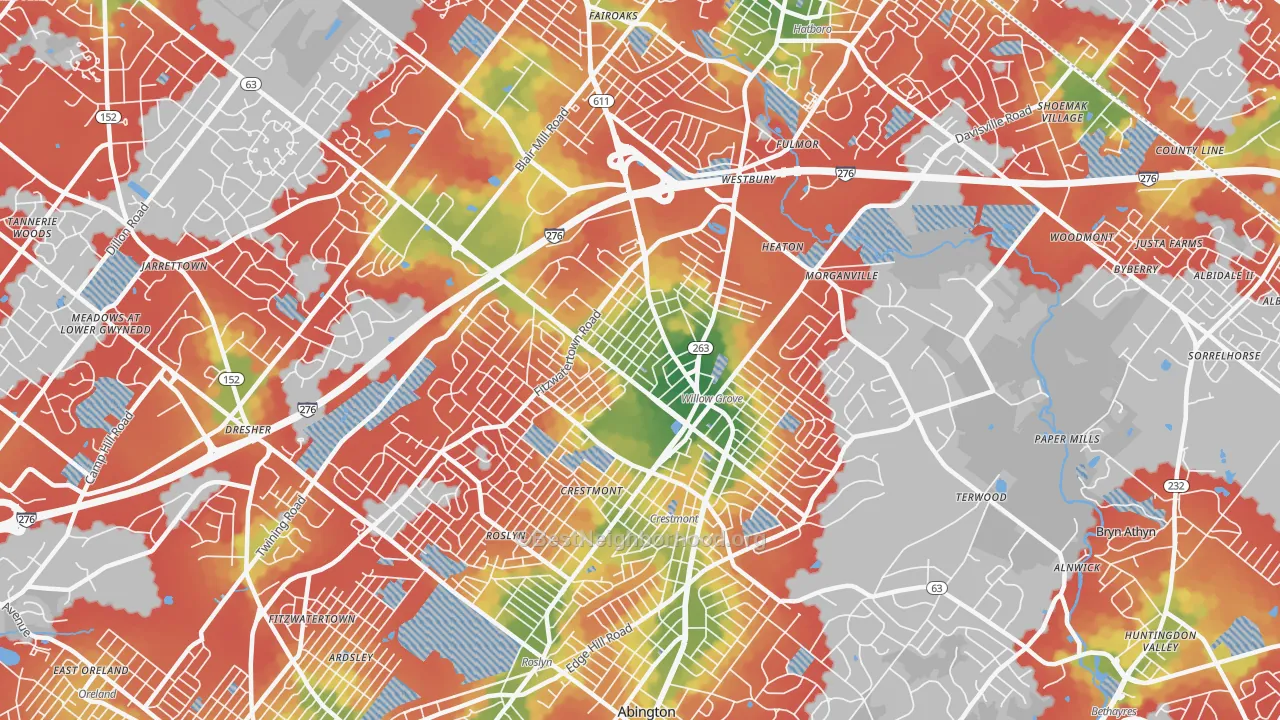 Walk Grade map of Willow Grove, PA, walkable areas in green and car-dependent areas in red