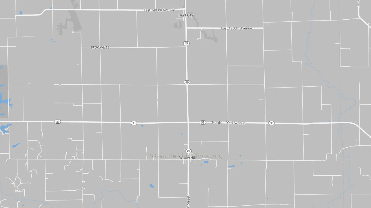 Walk Grade map of Willow Hill, IL, walkable areas in green and car-dependent areas in red