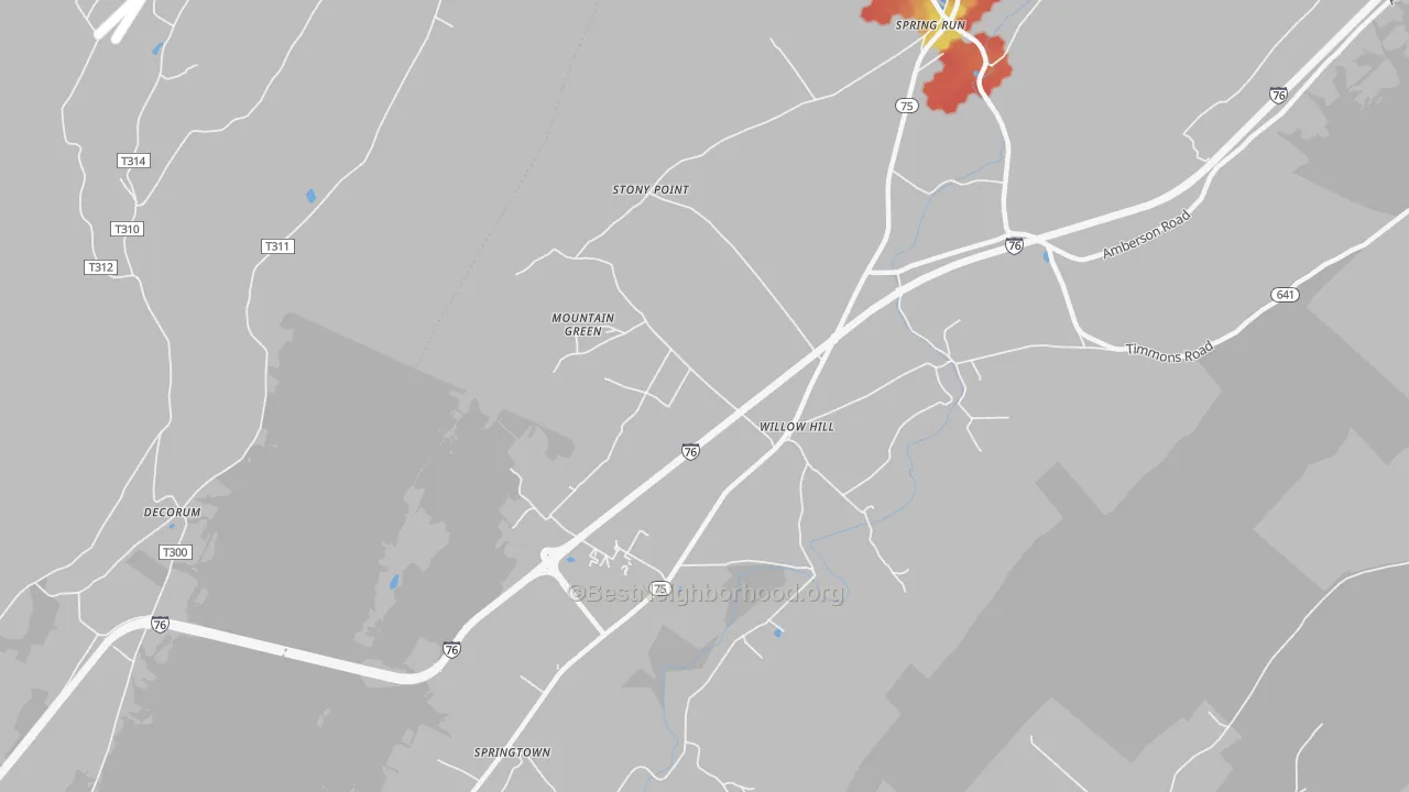 Walk Grade map of Willow Hill, PA, walkable areas in green and car-dependent areas in red