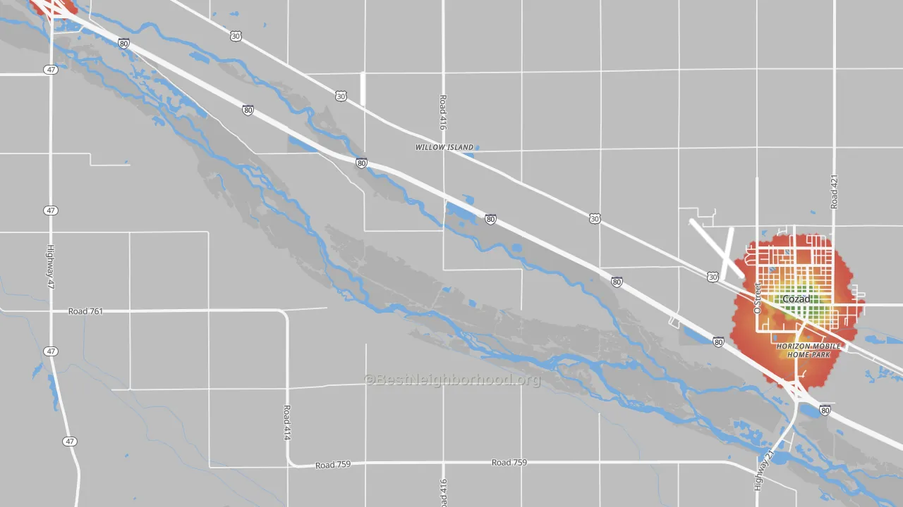 Walk Grade map of Willow Island, NE, walkable areas in green and car-dependent areas in red