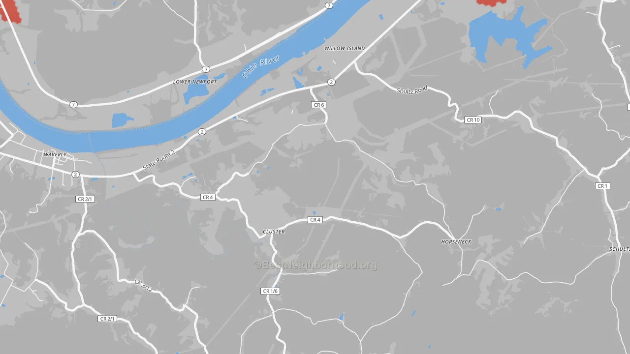 Walk Grade map of Willow Island, WV, walkable areas in green and car-dependent areas in red