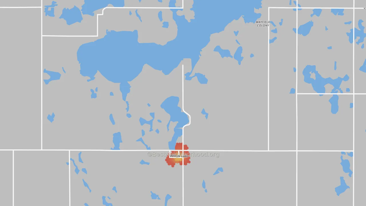 Walk Grade map of Willow Lake, SD, walkable areas in green and car-dependent areas in red