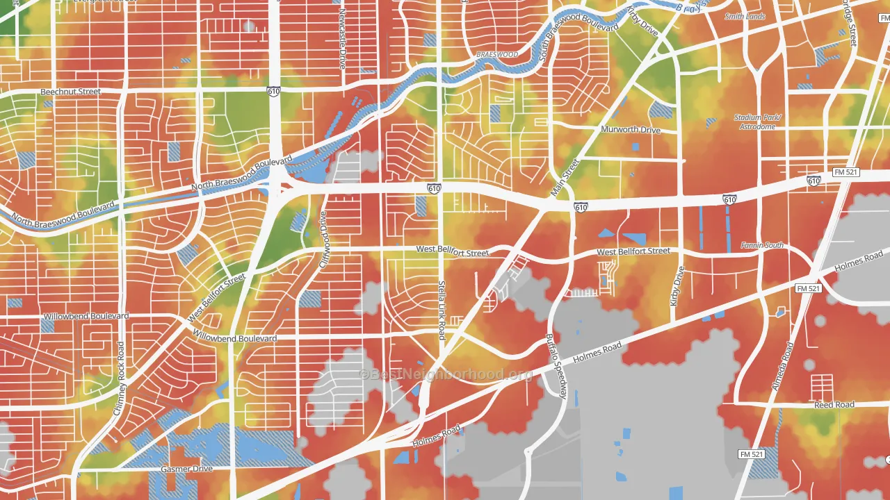Walk Grade map of Willow Meadows-Willowbend Area, Houston, TX, walkable areas in green and car-dependent areas in red