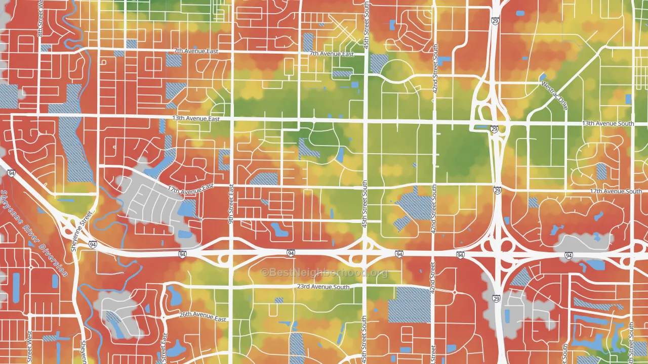 Walk Grade map of Willow Park, Fargo, ND, walkable areas in green and car-dependent areas in red