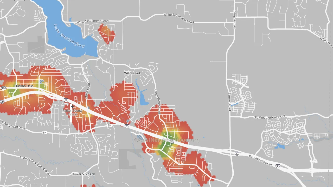 Walk Grade map of Willow Park, TX, walkable areas in green and car-dependent areas in red