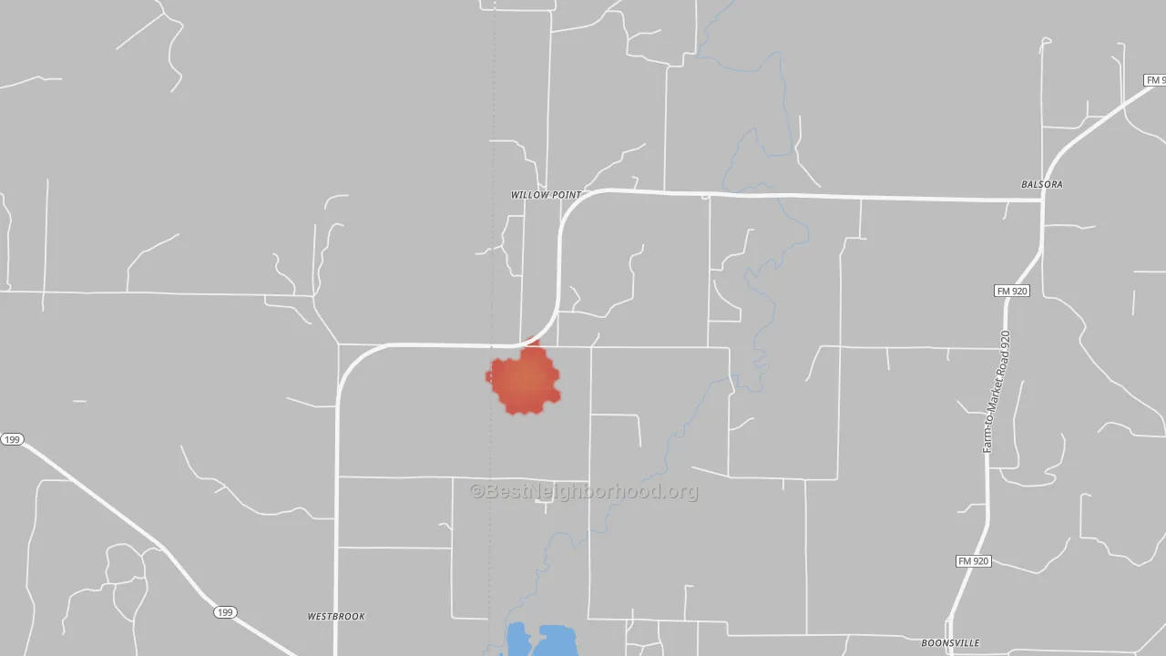 Walk Grade map of Willow Point, TX, walkable areas in green and car-dependent areas in red