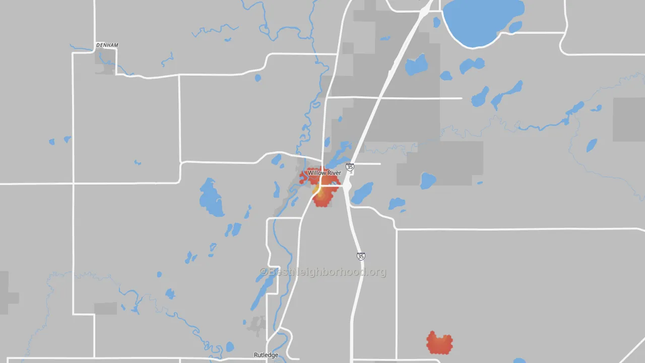 Walk Grade map of Willow River, MN, walkable areas in green and car-dependent areas in red