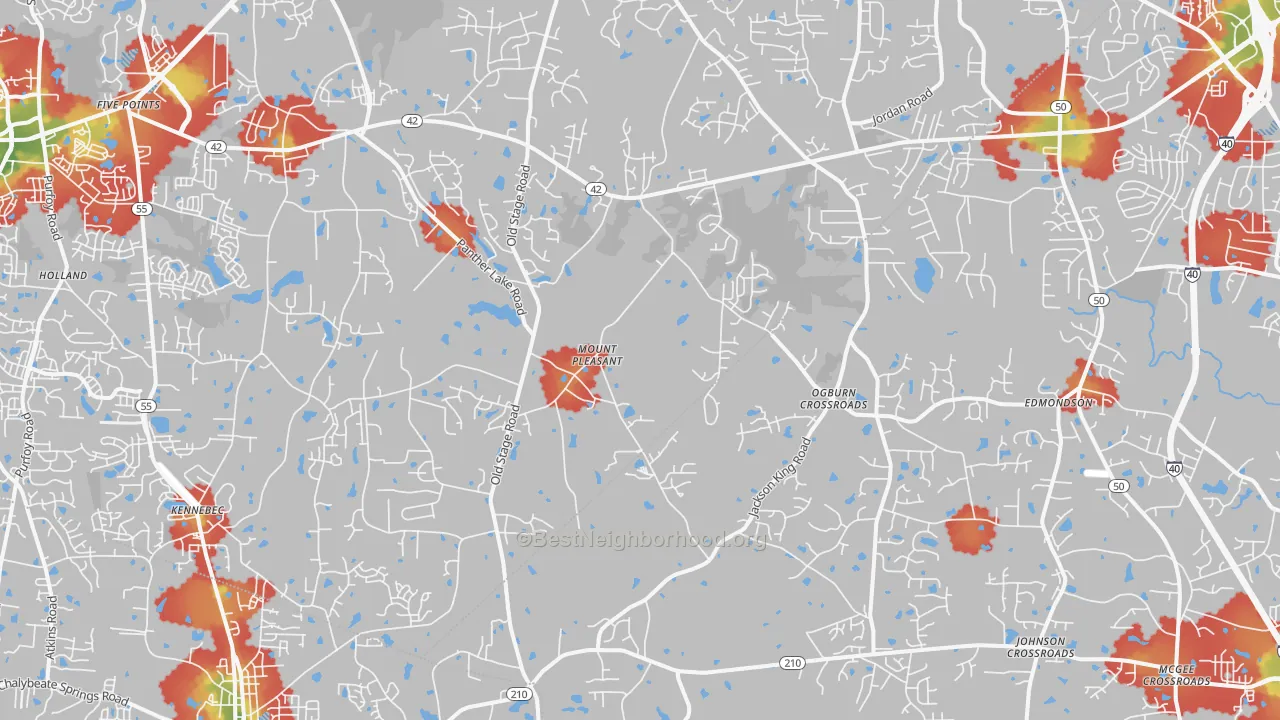 Walk Grade map of Willow Spring, NC, walkable areas in green and car-dependent areas in red