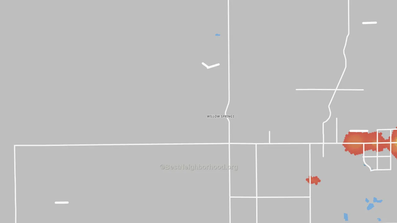 Walk Grade map of Willow Springs, CA, walkable areas in green and car-dependent areas in red