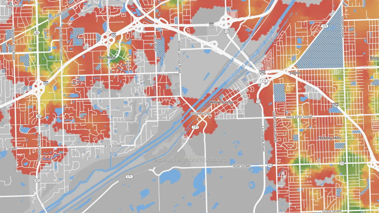 Walk Grade map of Willow Springs, IL, walkable areas in green and car-dependent areas in red