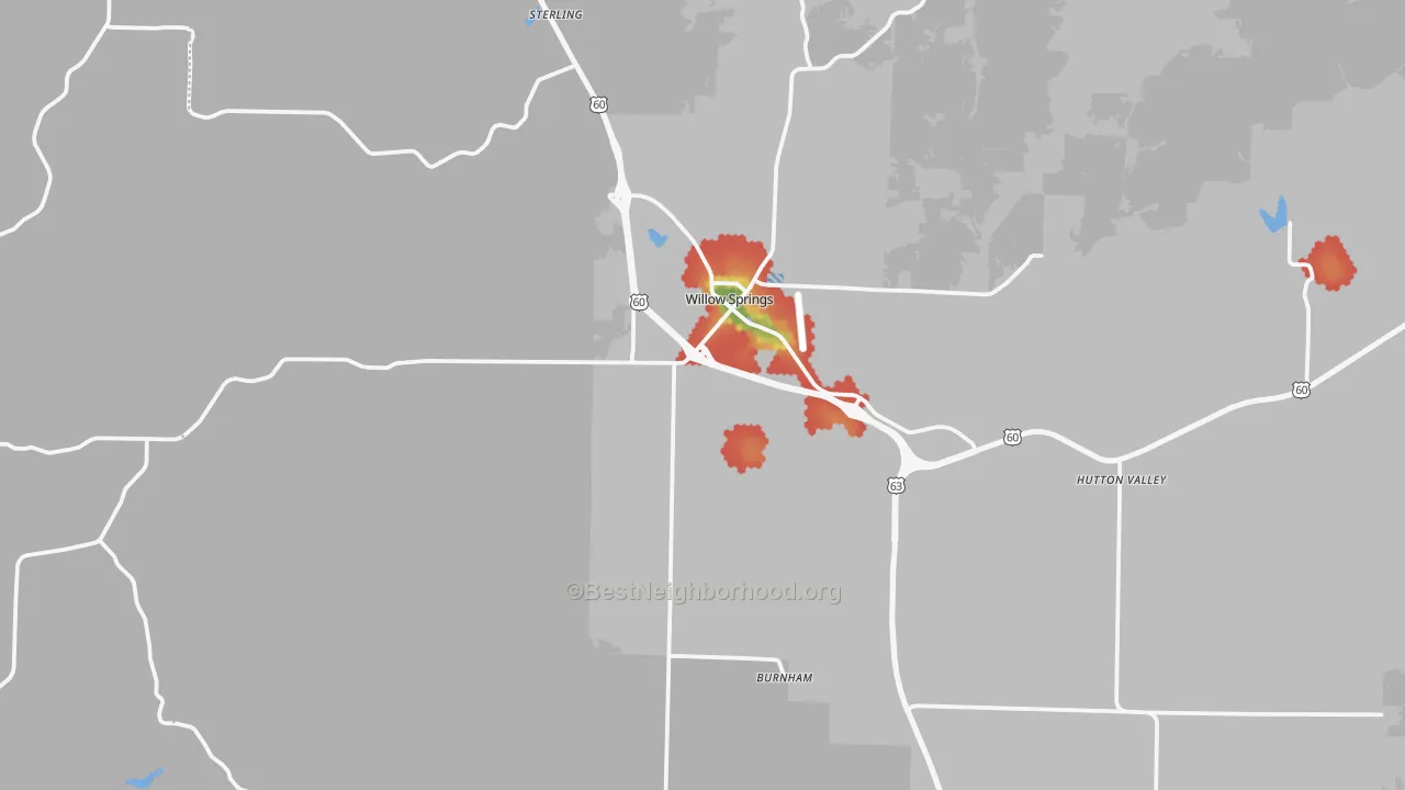Walk Grade map of Willow Springs, MO, walkable areas in green and car-dependent areas in red