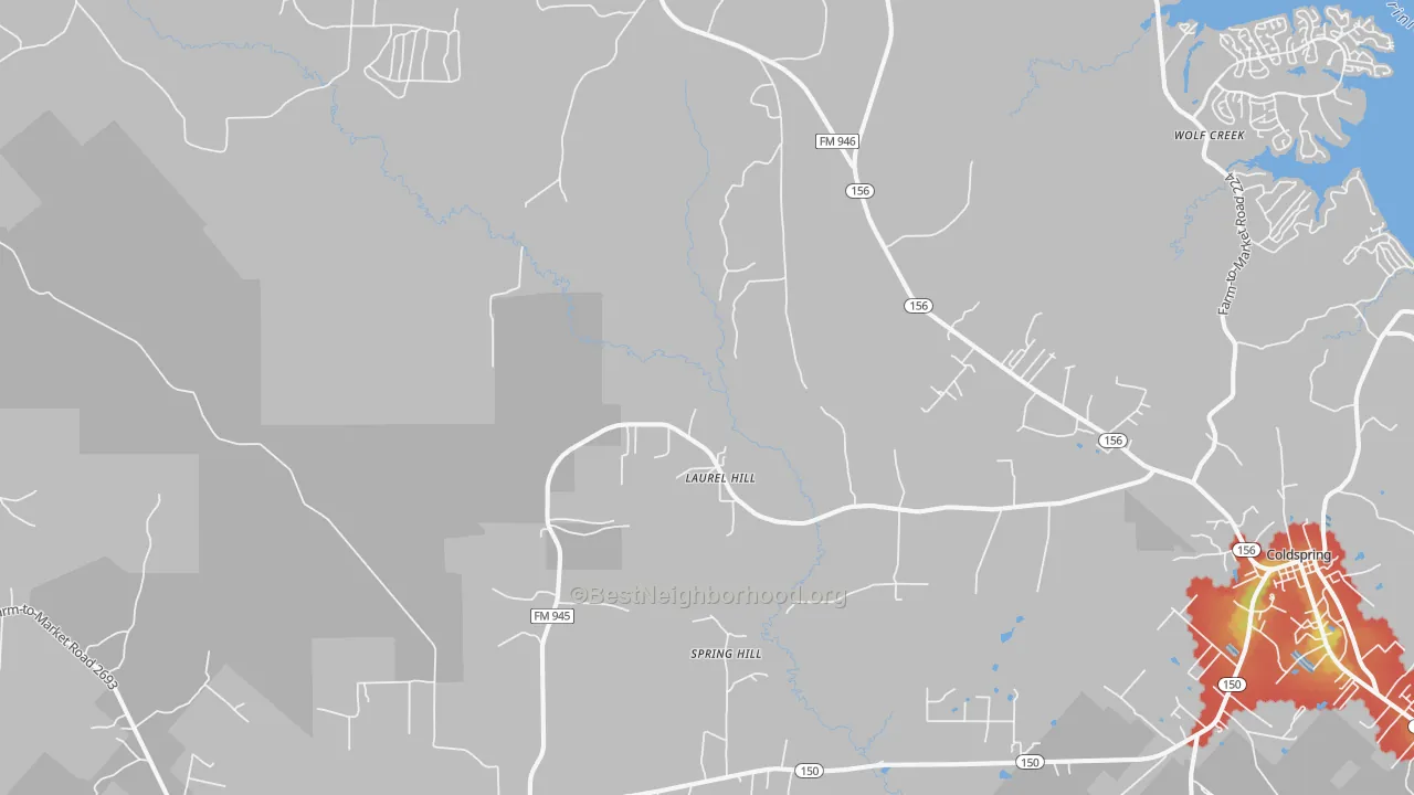 Walk Grade map of Willow Springs, TX, walkable areas in green and car-dependent areas in red